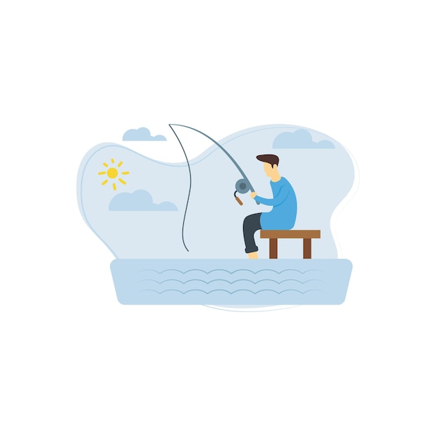Vector el niño sentado en un banco con una caña de pescar.