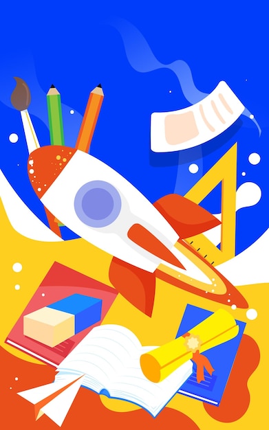 Niño sentado en un cohete y estudiando con papel y libros en la ilustración de vector de fondo