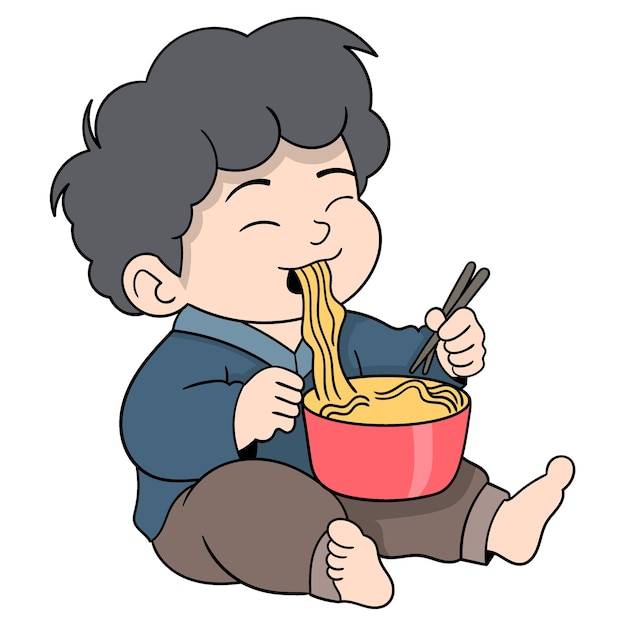 un niño sentado disfrutando de una deliciosa comida de fideos