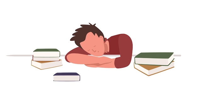 Niño sentado en el escritorio y durmiendo o tomando una siesta entre libros mientras se prepara para el examen o prueba de la escuela o la universidad. estudiante o colegial estudiando duro durante la noche. ilustración de vector de dibujos animados plana.