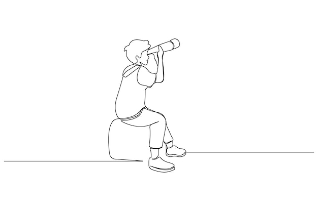 Niño sentado y mirando a través del telescopio dibujo de arte de una línea