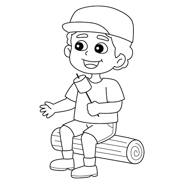 Niño sentado en la página para colorear aislada de madera