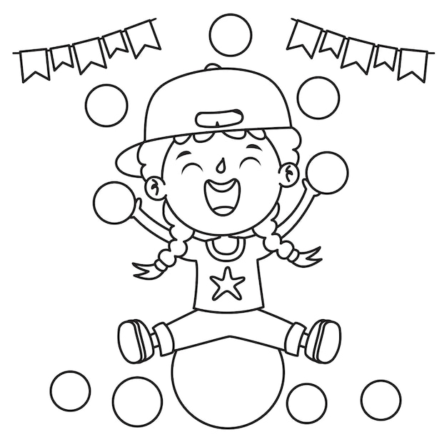 Vector niño sentado en una pelota con decoración festiva, dibujo de arte lineal para niños, página para colorear