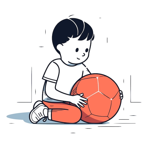 Vector niño sentado con una pelota de fútbol en estilo boceto