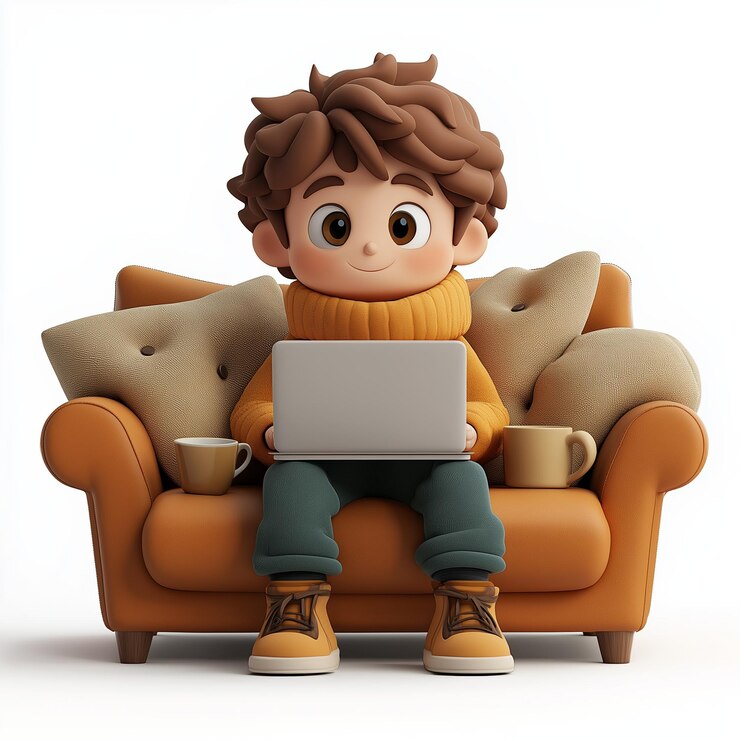 Vector niño sentado en el sofá con una computadora portátil y bocadillos ilustración de dibujos animados