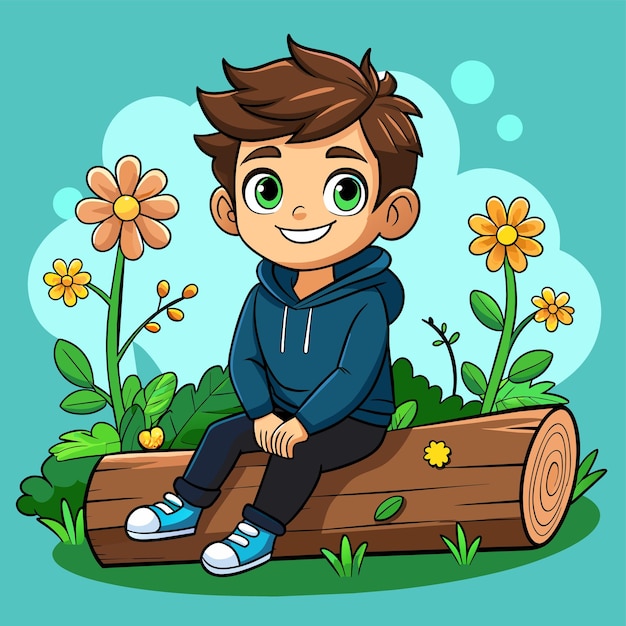 Niño sentado solo en el muelle de madera disfrutando de la paz personaje de dibujos animados de mascota dibujado a mano