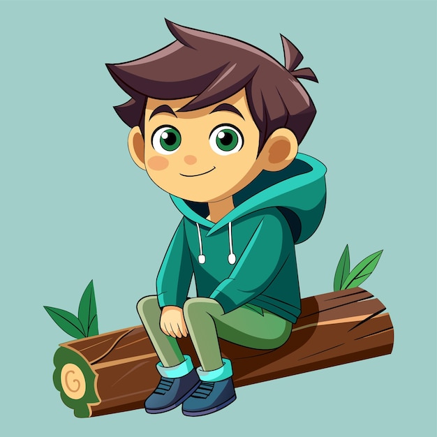 Niño sentado solo en el muelle de madera disfrutando de la paz personaje de dibujos animados de mascota dibujado a mano