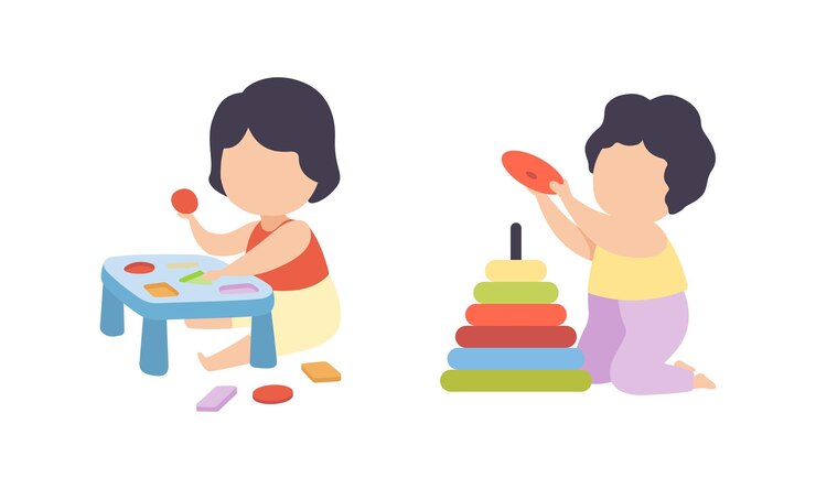 Vector niño sentado en el suelo y jugando con juguetes en el conjunto vectorial de la guardería