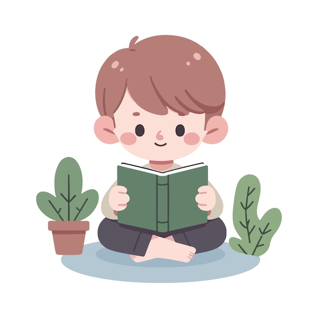 un niño sentado en el suelo y leyendo un libro
