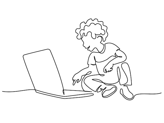 Niño sentado en el suelo y viendo el concepto de educación de computadora portátil dibujo continuo de una línea
