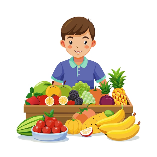 un niño se sienta detrás de una caja de frutas, incluida una cava de frutas