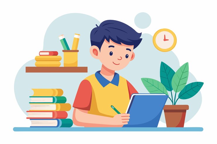 Vector un niño se sienta en un escritorio con un libro y una pluma en la mano centrado en estudiar un niño está estudiando ilustración vectorial plana simple y minimalista
