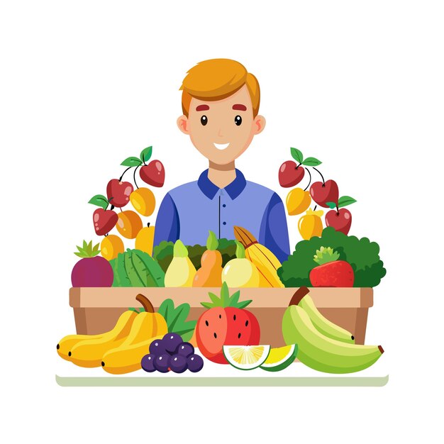 un niño se sienta frente a una canasta de frutas con un niño sentado detrás de él