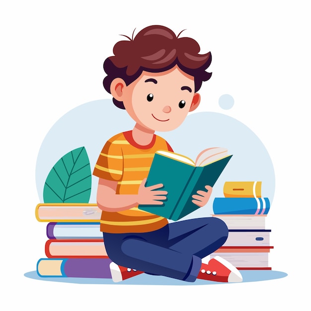 un niño se sienta frente a una pila de libros con una hoja verde