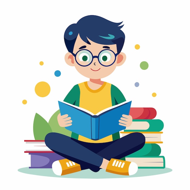 un niño se sienta frente a una pila de libros con un libro titulado cita un niño cita