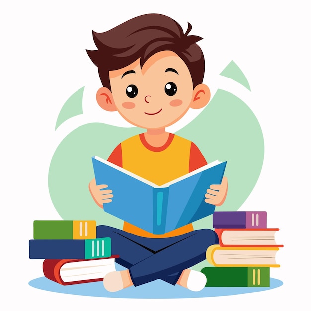 un niño se sienta con un libro titulado quot un niño quot y quot él está leyendo quot
