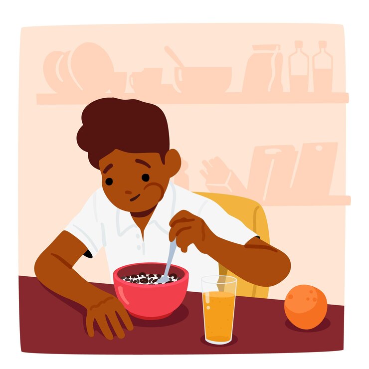 Vector niño se sienta en la mesa masticando cereales bebiendo jugo la mañana la luz del sol fluye en la creación de una escena cálida y acogedora de alimentación y rutina con niños pequeños personaje de dibujos animados personas ilustración vectorial