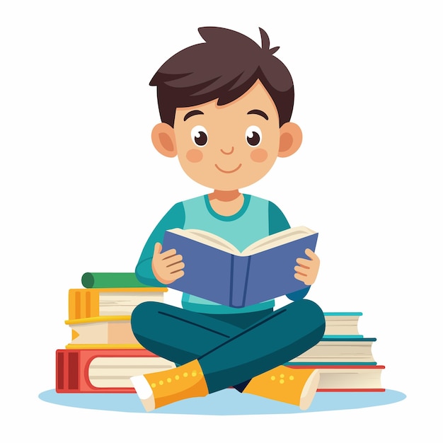 un niño se sienta en una pila de libros con un fondo blanco