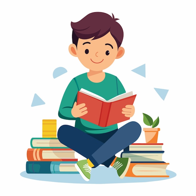 un niño se sienta en una pila de libros con un libro titulado cita un niño cita
