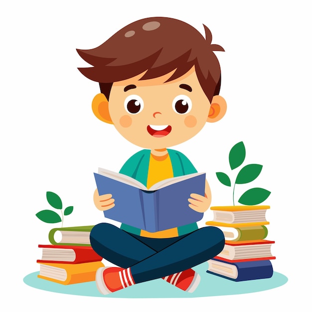 un niño se sienta en una pila de libros con un libro titulado cita un niño cita
