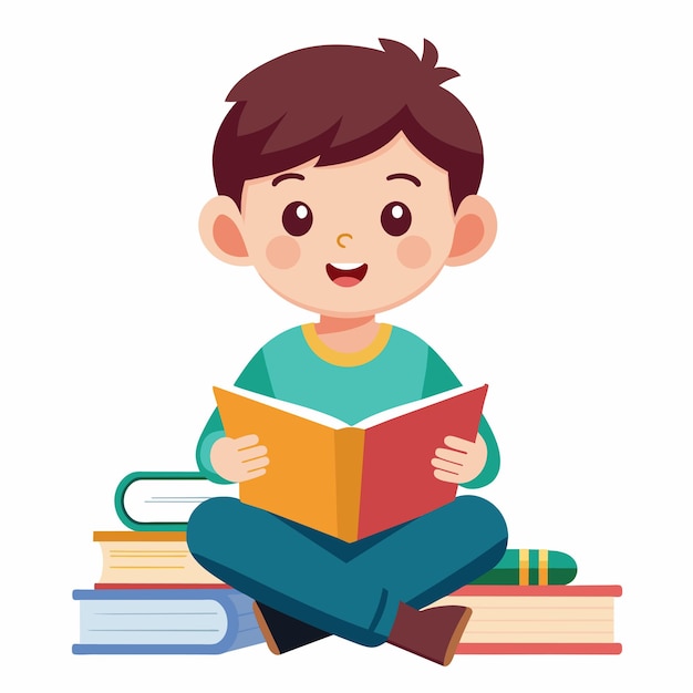 un niño se sienta en una pila de libros con un niño leyendo un libro