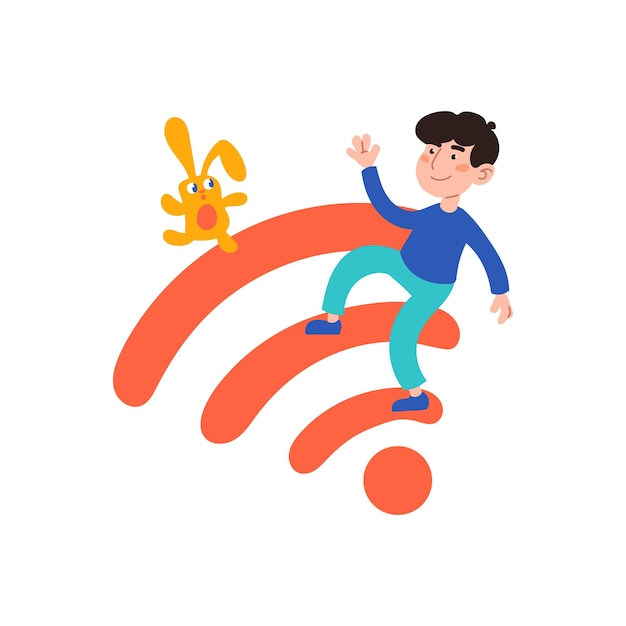 El niño se sienta en una señal wifi firme la barra de estado del dispositivo internet inalámbrico nivel de conexión en línea acceso de comunicación estado activo concepto de tecnología niño en una camiseta azul sobre un fondo blanco