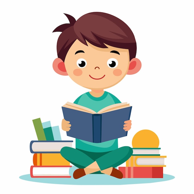un niño se sienta en el suelo con libros y un libro titulado cita un niño cita