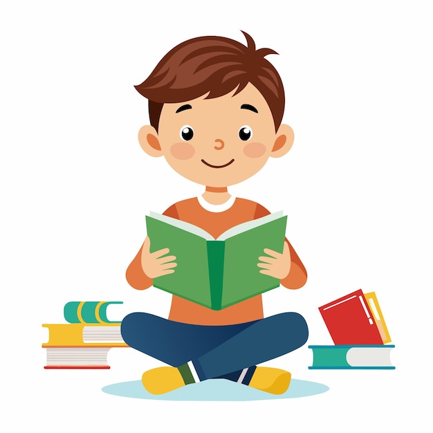 un niño se sienta en el suelo con libros y un libro titulado cita un niño cita