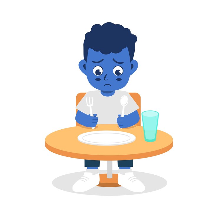 Vector el niño se siente hambriento y quiere comer.