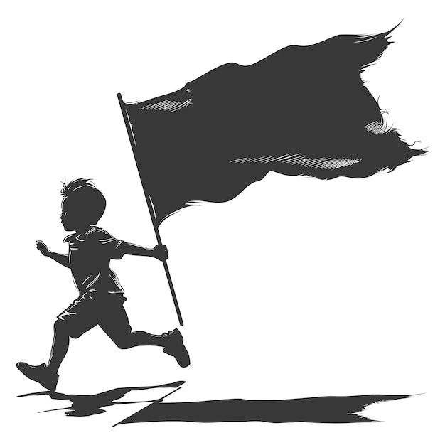 El niño de silueta corrió mientras llevaba una bandera negra