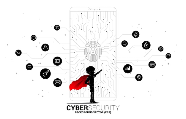 Niño de silueta vestido de superhéroe con huella digital e icono de candado en el móvil desde un círculo de punto y línea