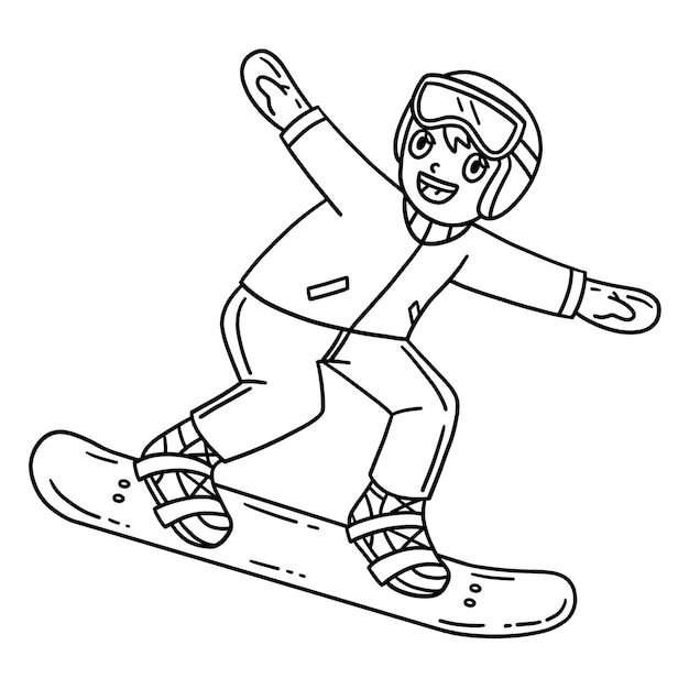 Niño de snowboard haciendo un salto aislado colorear
