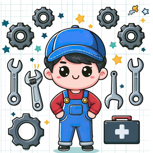 Vector un niño con un sombrero azul y una gorra azul está de pie frente a un hombre con una herramienta y herramientas