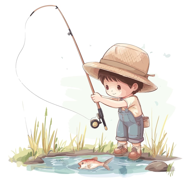 un niño con un sombrero y una caña de pescar está sosteniendo una caína de pescar