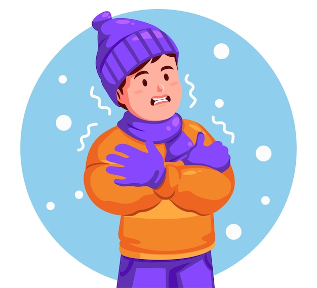 Niño con sombrero de invierno y bufanda se siente temblando por el frío