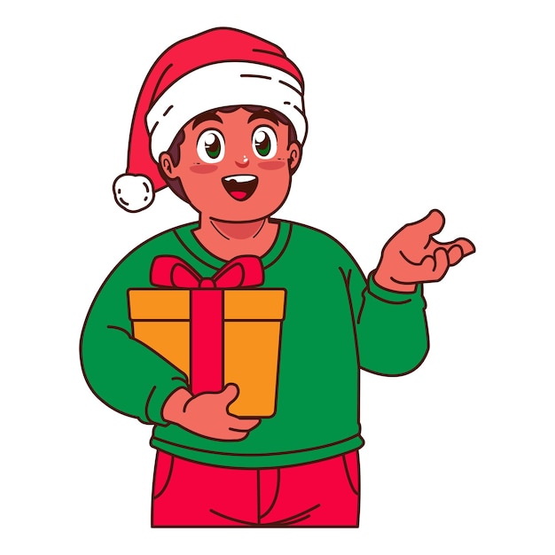Un niño con un sombrero de Papá Noel sosteniendo un regalo de Navidad