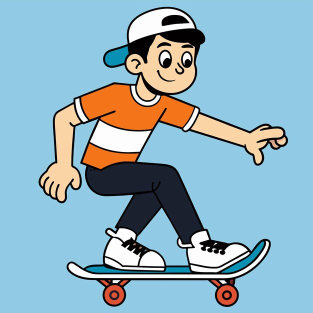 Vector un niño con un sombrero y un sombrerillo monta una patineta