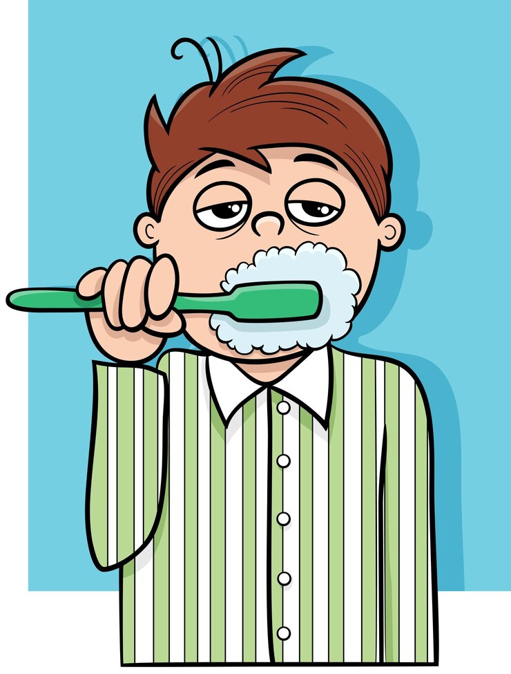Vector niño somnoliento de dibujos animados cepillándose los dientes por la mañana