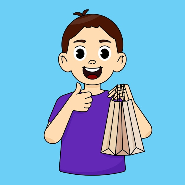 El niño sonríe sostiene bolsas de compras y muestra un pulgar hacia arriba feliz con buenos descuentos