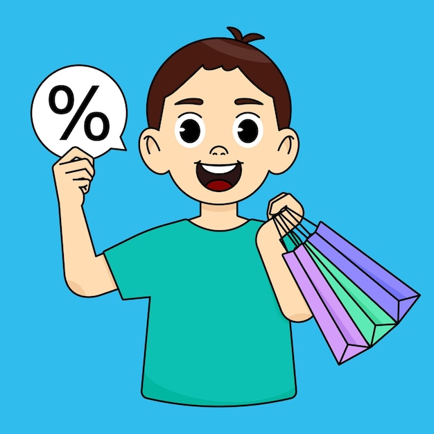 Vector niño sonriendo sosteniendo bolsas de compras y sosteniendo una mini pancarta blanca con un porcentaje de venta negra