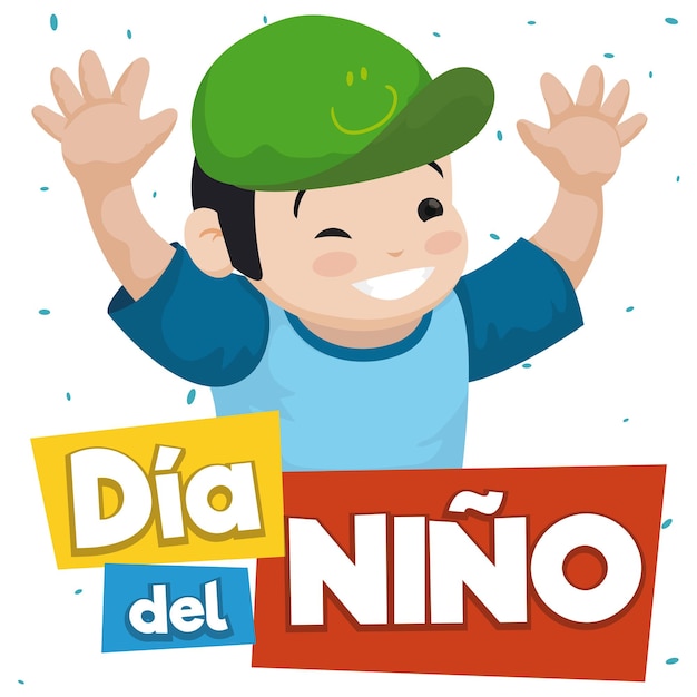 Vector niño sonriente celebrando el día del niño español con ducha de confeti y etiquetas