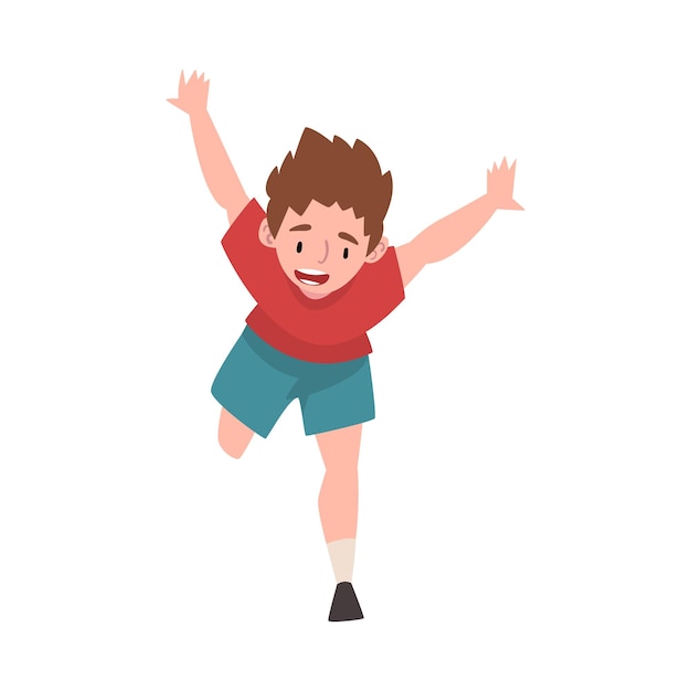 Niño sonriente feliz corriendo con las manos levantadas regocijado persona positiva Ilustración vectorial de caracteres