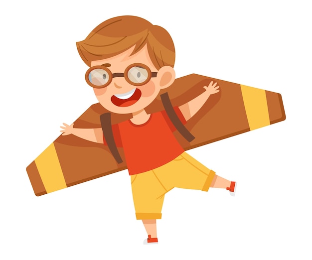 Niño sonriente con gafas volando y pilotando con una ilustración vectorial improvisada de aviones falsos