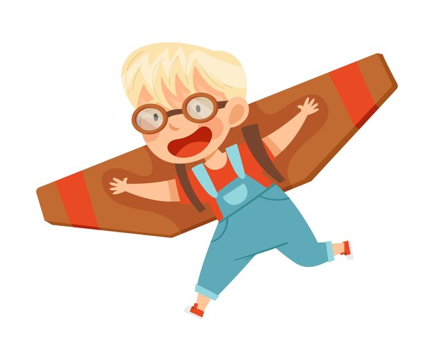 Niño sonriente con gafas volando y pilotando con una ilustración vectorial improvisada de aviones falsos