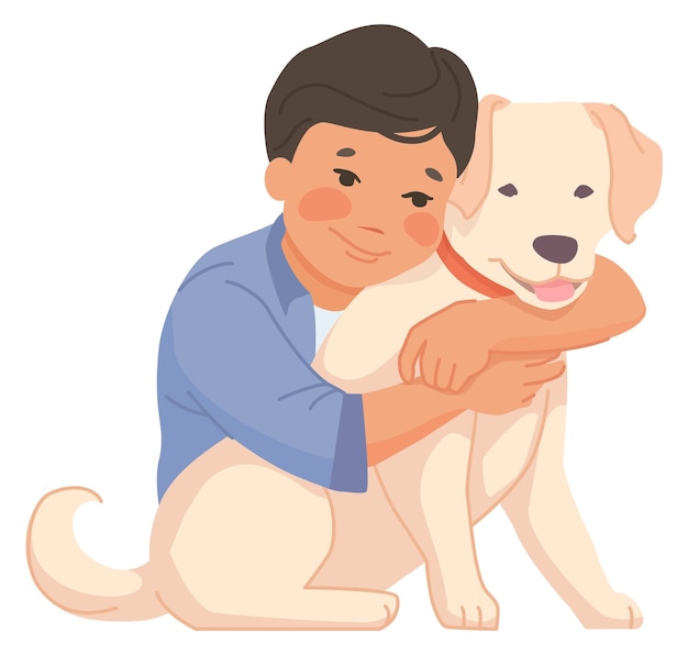 niño sonriente, juego, con, perrito, cariñoso, doméstico, mascota