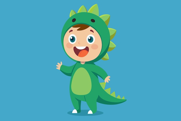 Vector un niño sonriente con un lindo traje de dinosaurio verde saluda