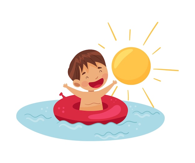 Niño sonriente en el mar flotando en el agua con ilustración vectorial de anillo de goma