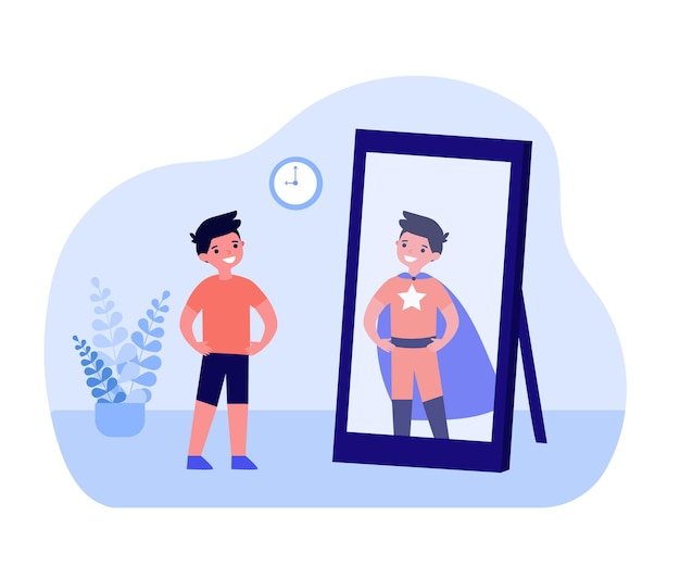 Niño sonriente mirándose en el espejo y viendo superhéroe. Niño parado frente al espejo, niño disfrazado de superhéroe ilustración vectorial plana. Infancia, concepto de imaginación para banner, diseño de sitios web