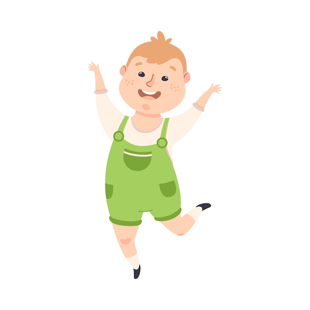 Niño sonriente saltando felizmente Niño alegre divirtiéndose Ilustración vectorial al estilo de dibujos animados