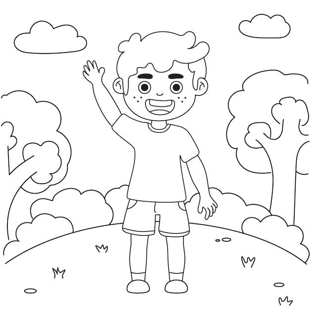 Un niño sonriente saludando en un parque